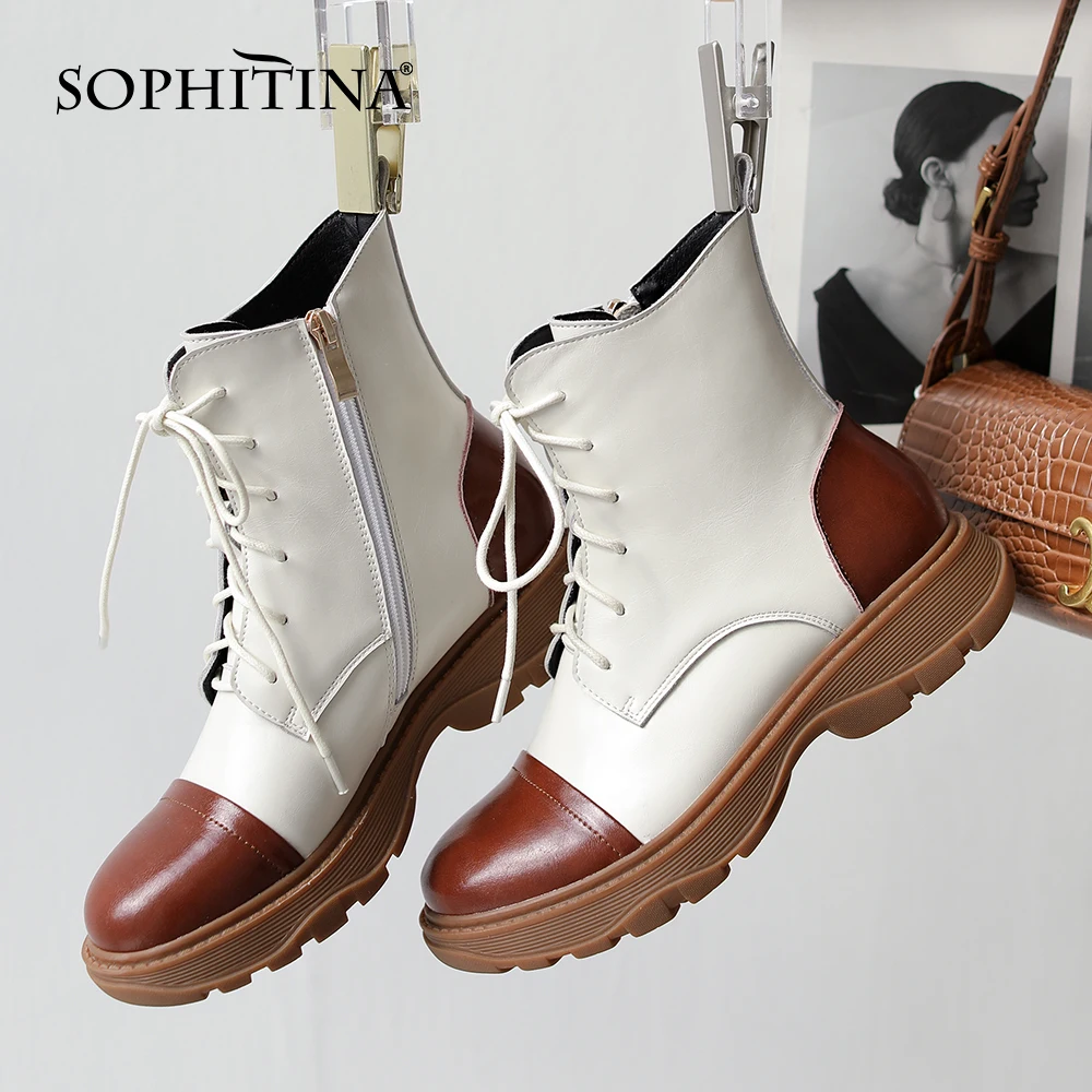 Online SOPHITINA Sepatu Bot Wanita Baru Musim Gugur Sepatu Bot Pergelangan Kaki Datar TPR Renda Cocok Warna Retro High-Top Sepatu Wanita Kulit Asli HO323