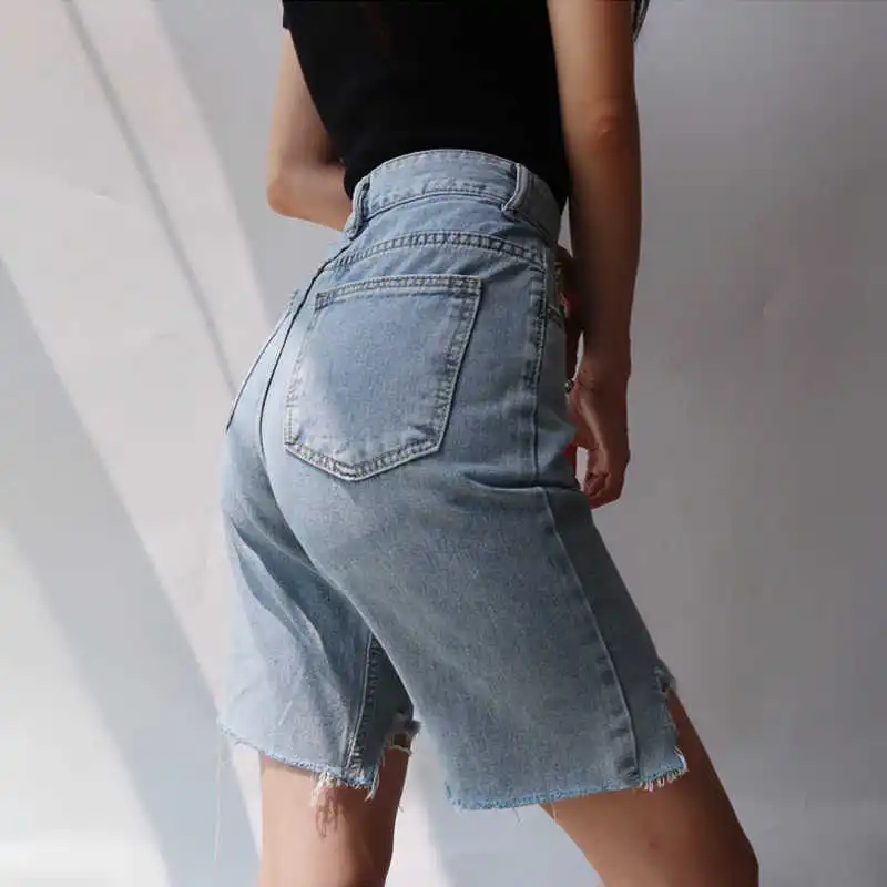 

High Waist Hole Tassels Slim Cyclist Denim Bermuda Shorts Jeans Summer Straight Casual Fashion Women Denim Shorts Zipper 2021