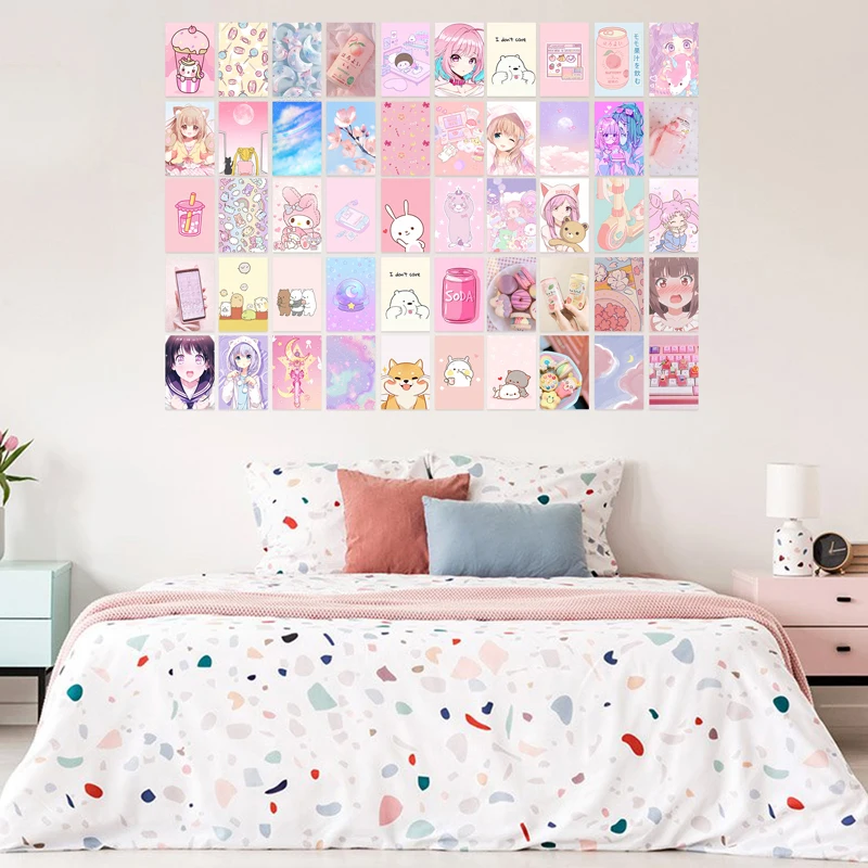 

50Pcs Kawaii Anime Soft Cute Aesthetic Wall Collage Kit Room Manga Panel Art Prints Wall Stickers Bedroom Party Decor for Girls
