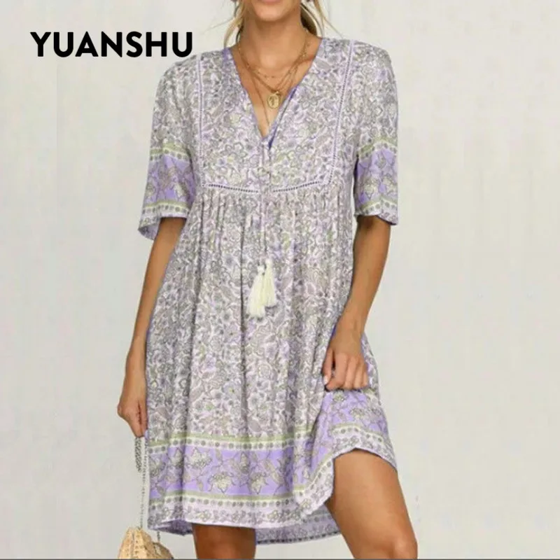 Женское пляжное платье YUANSHU Пляжное Платье с v-образным вырезом и цветочным