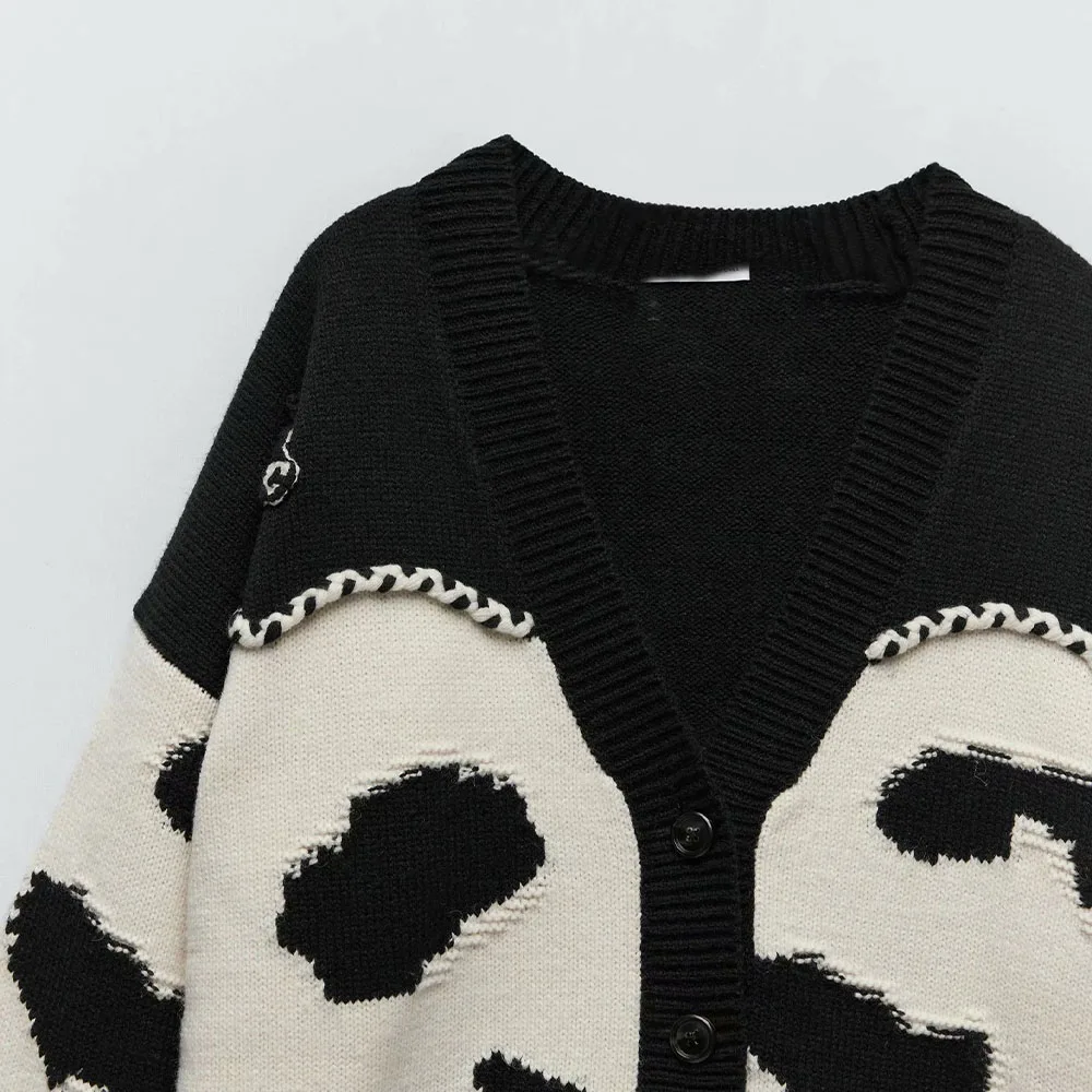 

2021 spring new hit color women's cow print striped knit cardigan loose sweater jacket single-breasted V-neck long sleeves ZA