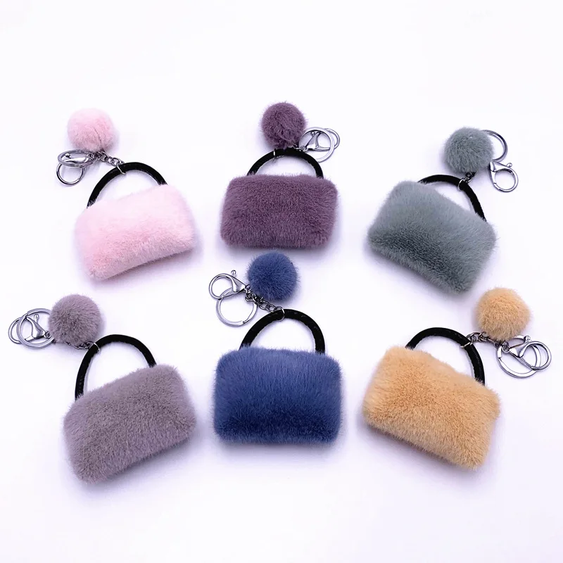 

Cute Girls Fluffy Fur Pompom Mini Handbag Charm Keychain Women key holde Girl Bag Cars Simple Fluffy Keyring Jewelry Gifts