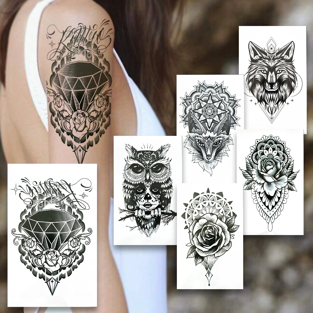 Diamond Henna Temporary Tattoos For Women Men Geometric Owl Tattoo Sheets Wolf Lion Mandala Rose Flower Waterproof Tatoo Arm Leg