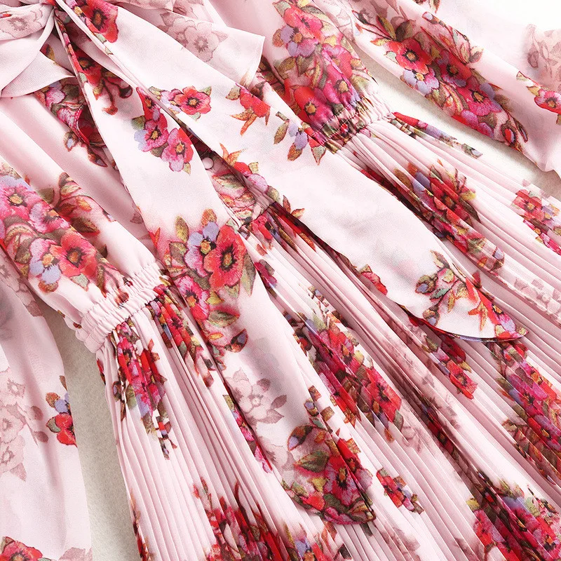 

Elegant Long Sleeve Bow Collar Floral Print Chiffon Dress Spring 2021 Fashion Woman Clothes Mid Calf Pleated Party Vestidos Pink