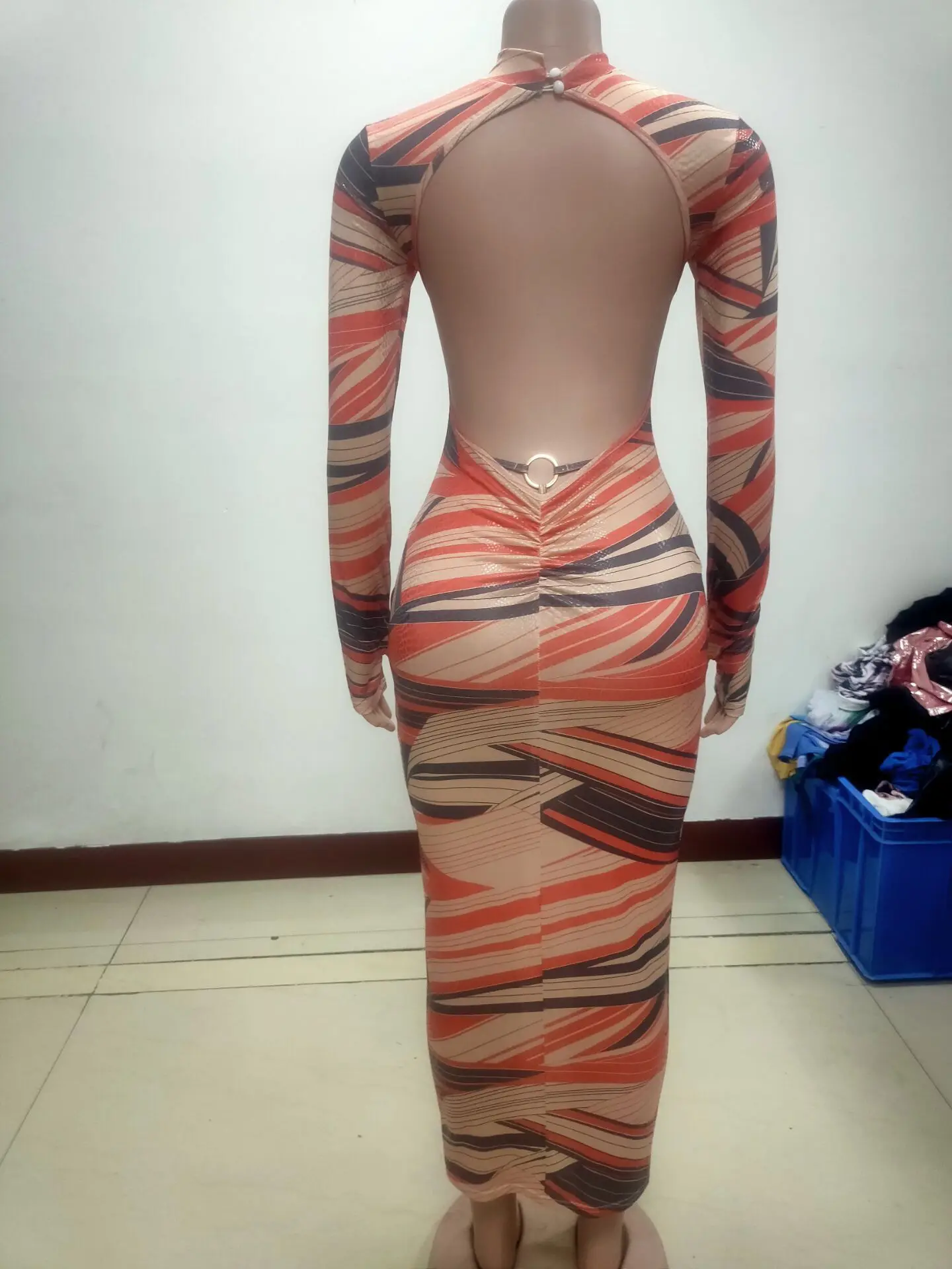 

Cutubly Dress Patchwork Long Sleeve Bodycon Dress For Women Colorful Striped Print Open Back Maxi Pencil Night Club New Dress