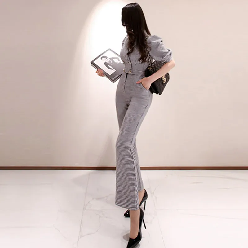 

Summer 2020 New Korean Office lady Classic houndstooth Jumpsuits Notched Short sleeve Double-breasted Romper Women Outfits