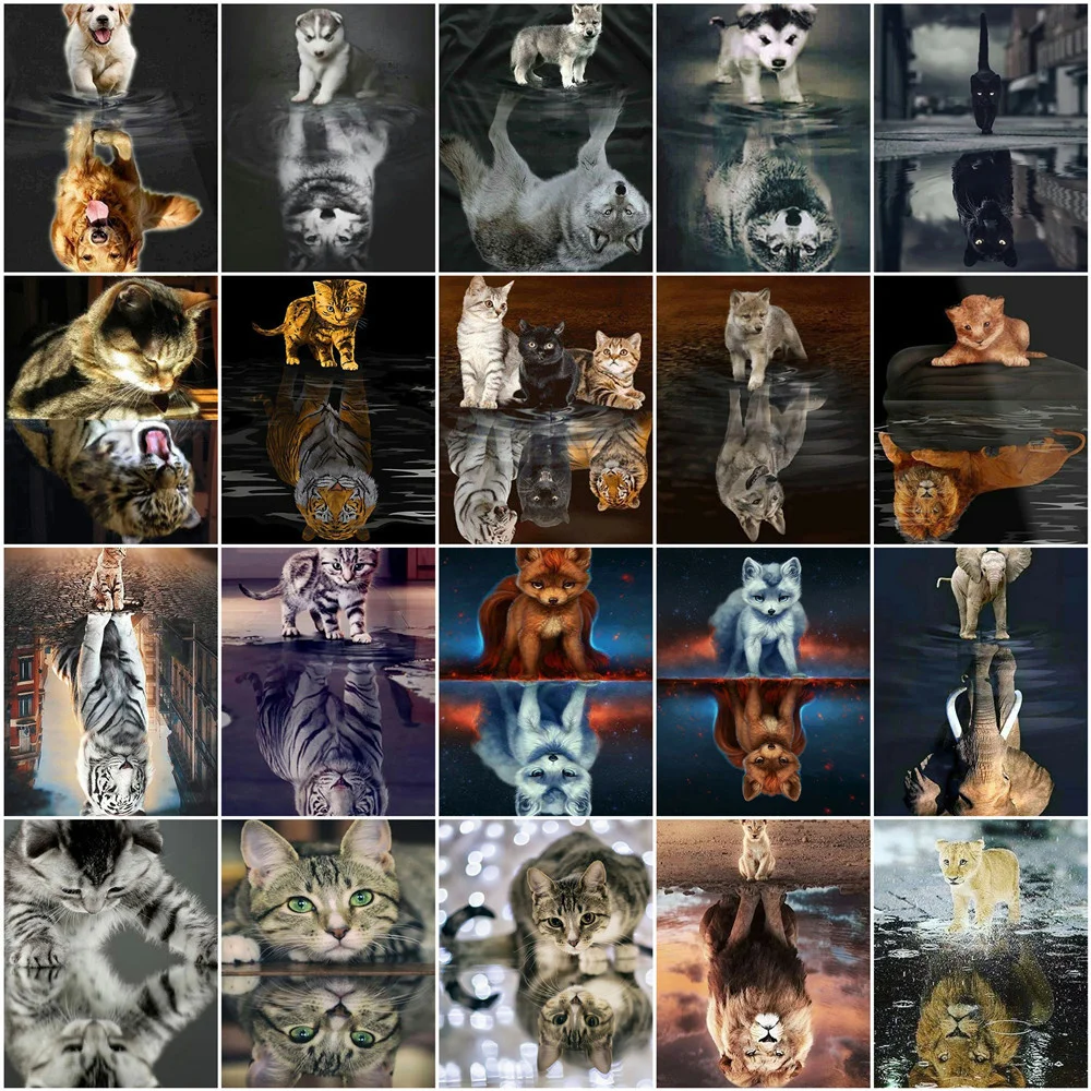 

HUACAN 5D DIY Diamond Painting Animal Cat Full Square Mosaic Rhinestone Reflection Lion Diamond Embroidery Tiger Home Decor
