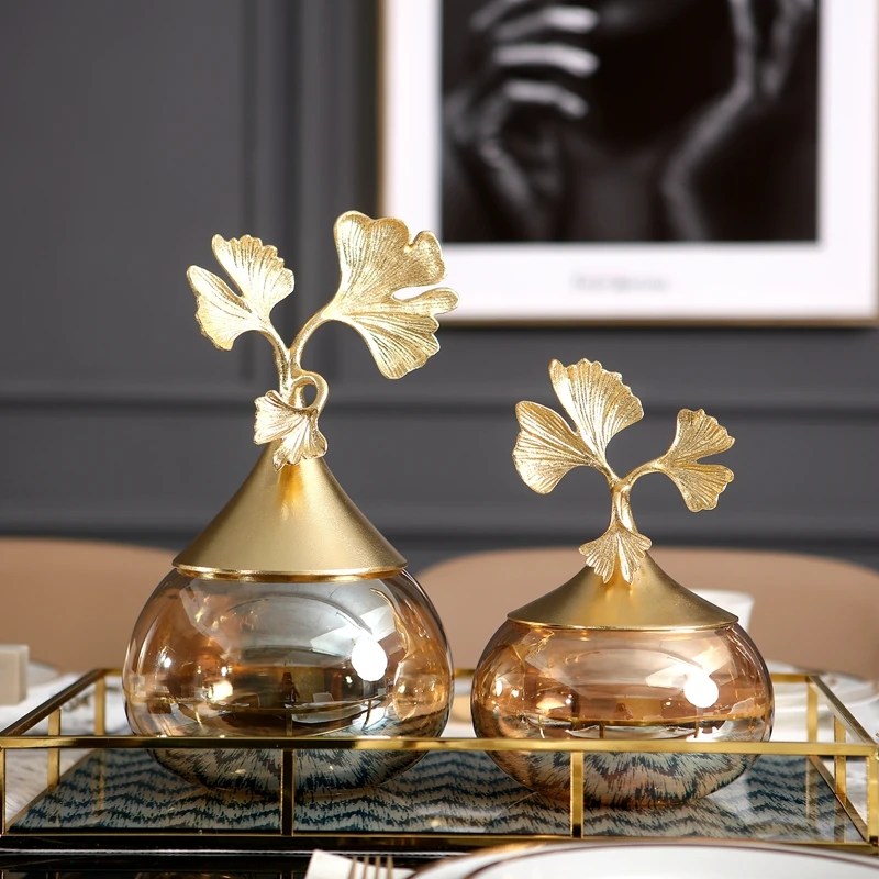 Золотистый металлический лист гинкго в форме капли воды стеклянный резервуар