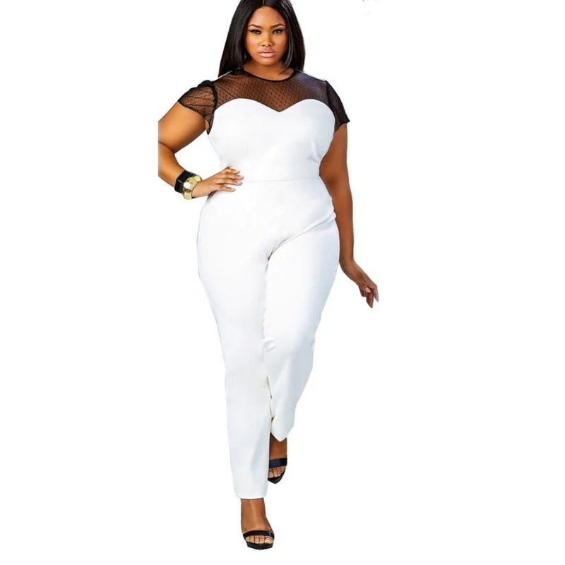 

2021 Fashion Summer Jumpsuit Regular Jumpsuit Lace Mesh Stitching Large Size Fashion Short Sleeve Round Neck Casual Jumpsuit New