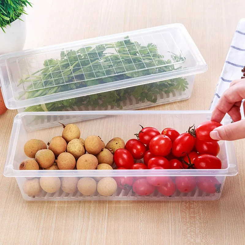 

Rectangular Refrigerator Fresh-keeping Box Plastic Fridge Food Organizer Vegetables Fruits Drain Case Sealed Frozen Storage Box