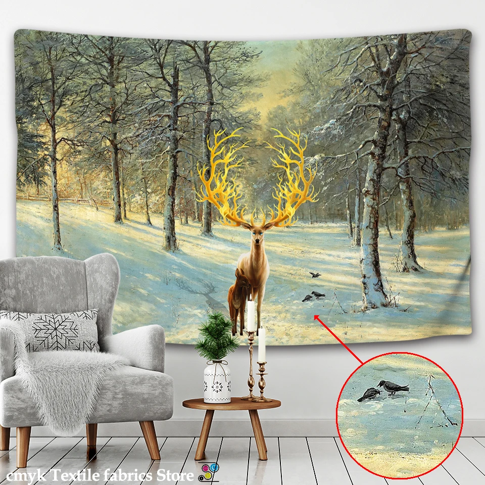 

Dormitory Tapestry Deer Snowy Woods Moon Golden Deer Wall Hanging Tapestries Carpet Decor Wall Cloth Beach Towel Home Tapestry