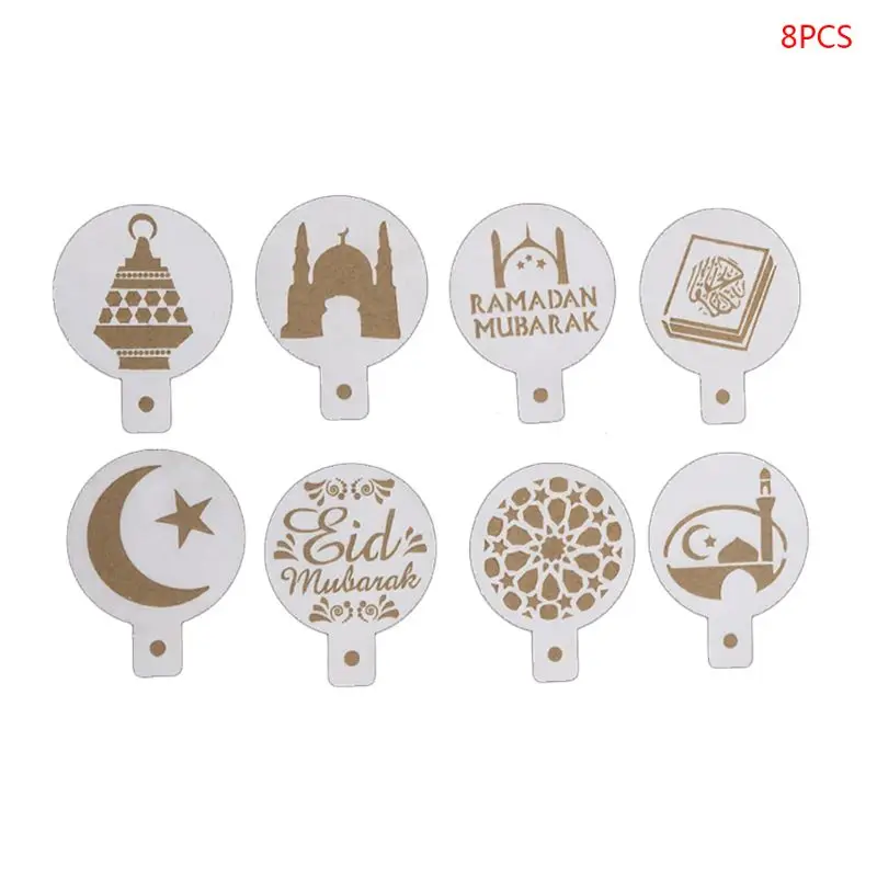 

8 Pcs/Set Eid Mubarak Ramadan Plastic Coffee Round Flower Spray Stencils Cake Mold Decorating DIY Mould Fondant Template J78C