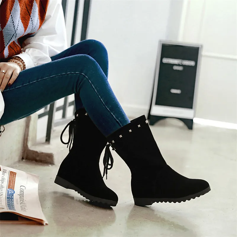 

Meotina Mid-Calf Boots Women Shoes Rivet Low Heel Short Boots Round Toe Height Increasing Lace Up Boots Female Winter Black 40