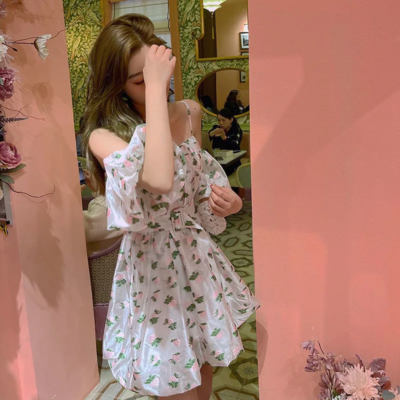 

Korean 2021 Summer Chic Sweet Sexy Dress Women One Shoulder Kawaii Mini Dress Chiffon Party Beach for Females One Piece Dresses
