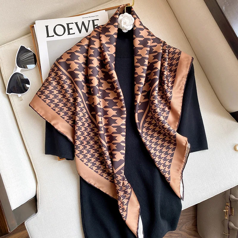 Квадратный шелковый шарф для женщин, шарфы на шею, хиджаб, фуляр, шаль, летние пашмины, клетчатые принты, платки, банданы.