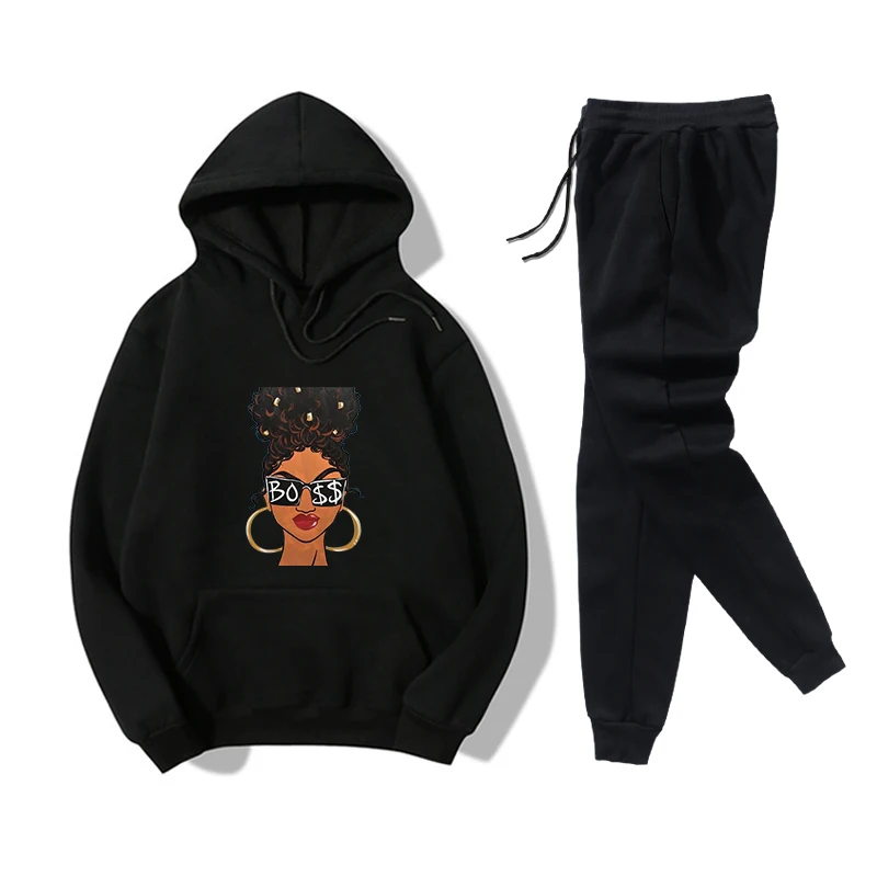 

HKCP Casual Fashion Hooded Sets Thick Long Sleeve Shirt Plants Women African Cold Girl Printed Casual Sweater Suit Women Autumn