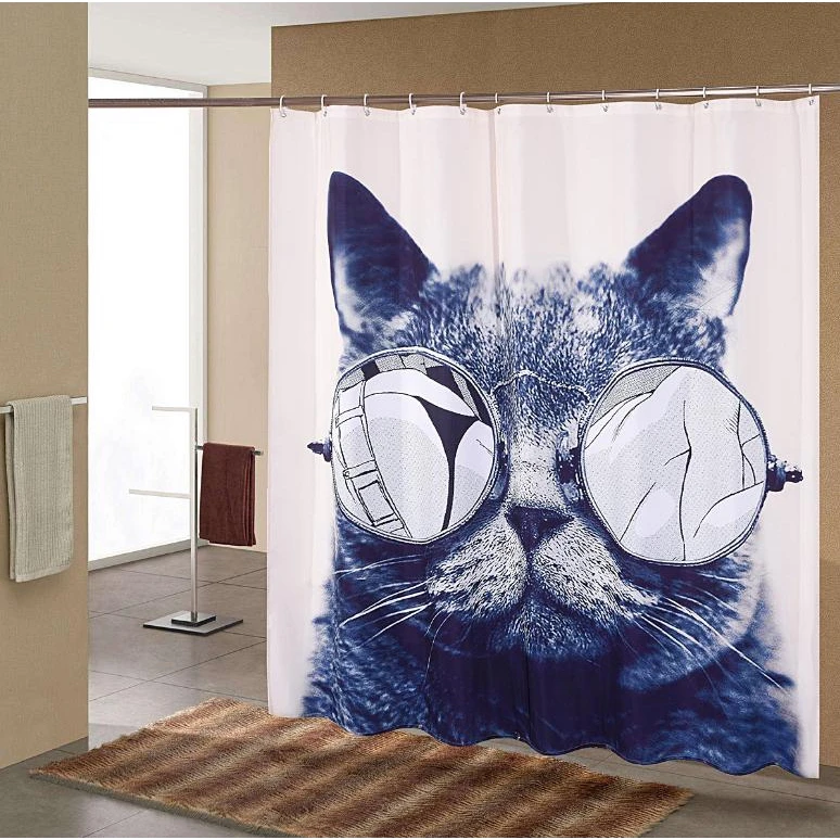 Занавески для душа из ткани с рисунком кошек, водонепроницаемые занавески для ванной, 12 крючков