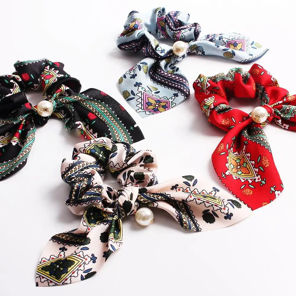 

Bowknot Hair Scrunchies with pearl Super Soft Silk Scarf Hair Ties Solid Colors Scrunchie Ponytail Holder with Bows Pattern Hair