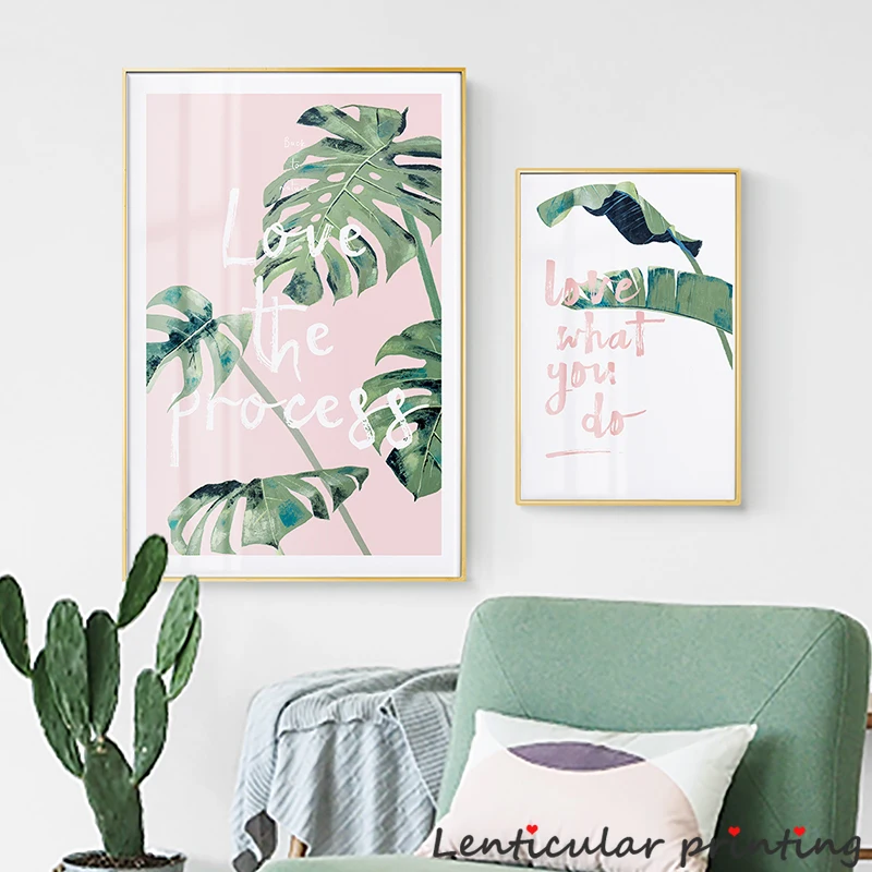 HD скандинавский розовый постер зеленые листья и фламинго Мотивационная картина