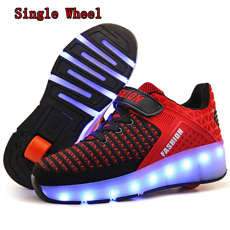 Single-Wheel Red HYFMWZS Модные светодиодный Heelys обувь из дышащего материала, детское платье из двух спортивная обувь Съемная Детские Тонкие Туфли ролики срок производства тиража: 30-40 - Цвет: Single-Wheel Red
