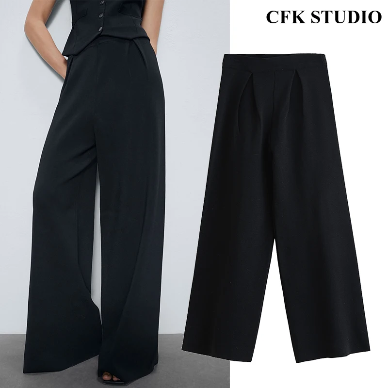 Женские повседневные длинные брюки Za однотонные элегантные трикотажные черные с