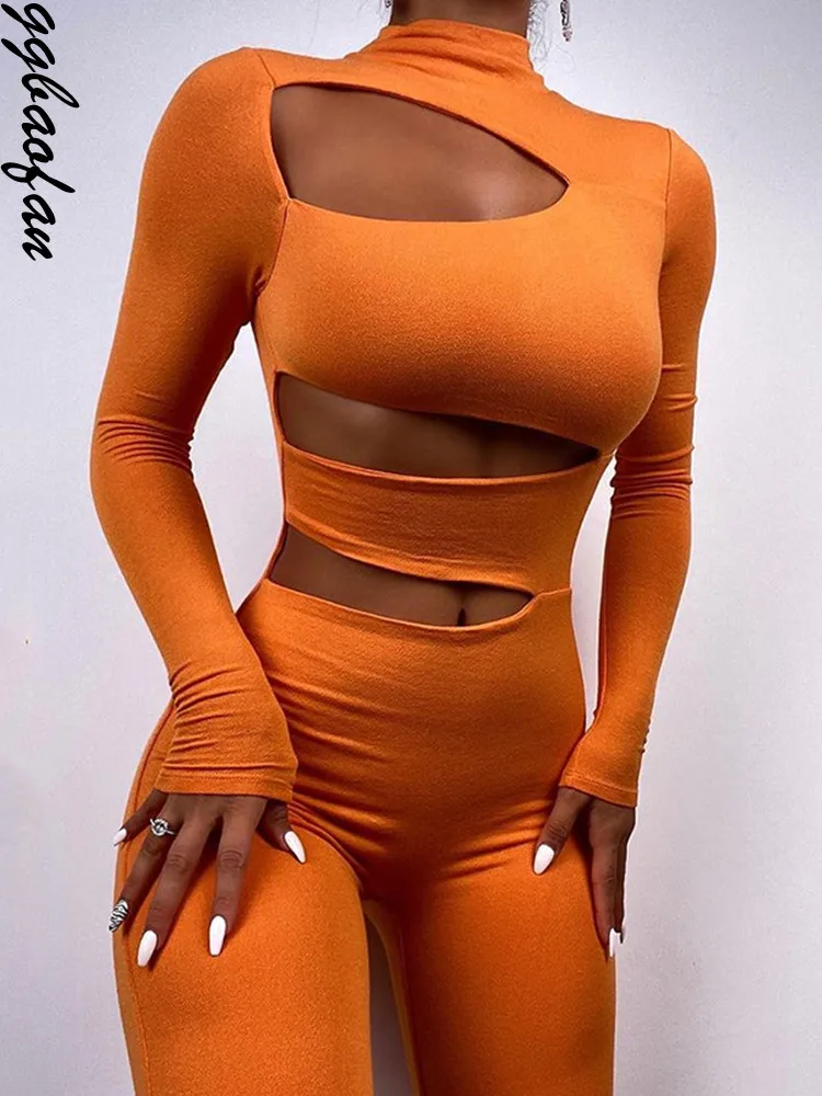 

Женский слитный комбинезон Ggbaofan, облегающий клубный комбинезон с длинным рукавом и вырезами, однотонная одежда для вечеринки