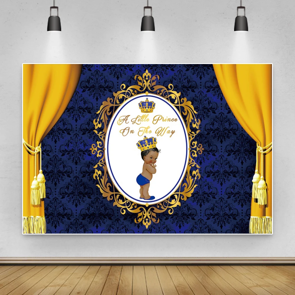 

Laeacco Blue Yellow Curtain Newborn Baby 1st Birthday Photo Backdrop Gold Corwn Baby Shower Prince Boy Backgrounds Photo Studio