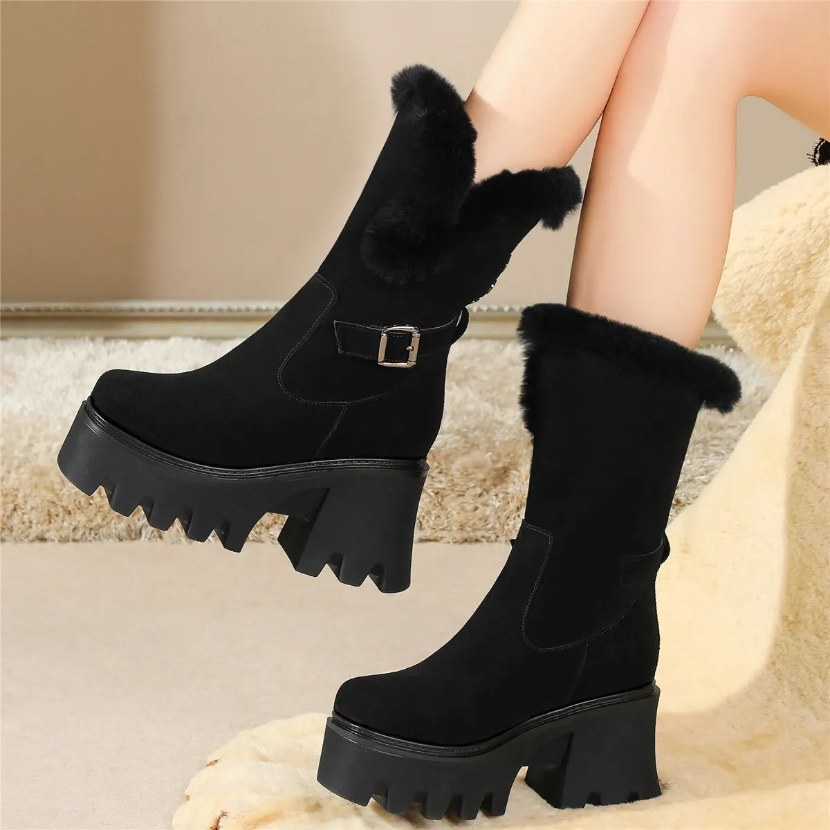 

High Top Platform Pumps Women Genuine Leather Chunky High Heels Ankle Boots Female Winter Warm Rabbit Fur Creepers Casual Shoes
