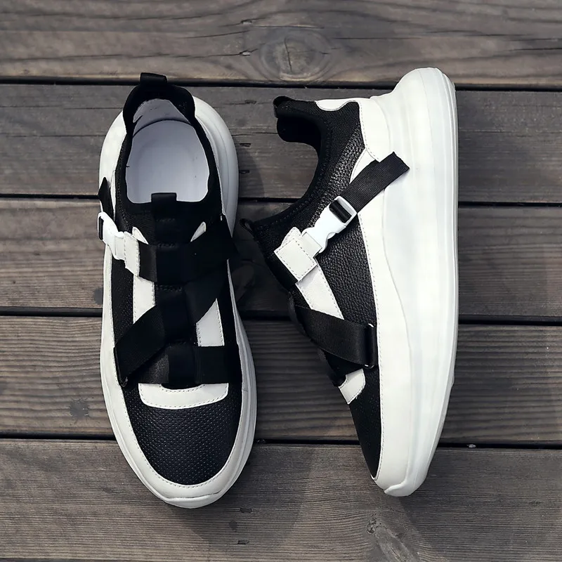 Street Style Slip On Platform Breathable Casual Shoes Men Summer Patchwork Height Increasing Chunky Sneakers Black Trainers |