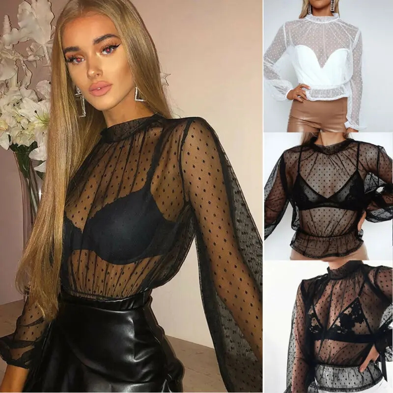 Женский прозрачный топ с высоким воротником однотонная привлекательная