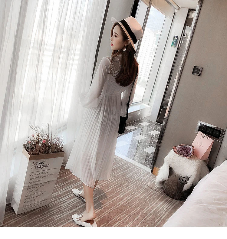 Envsoll Spring Autumn Maternity Dress Mom Long-sleeved Lace Pleated Chiffon Dress Maternity Clothes For Pregnant Women