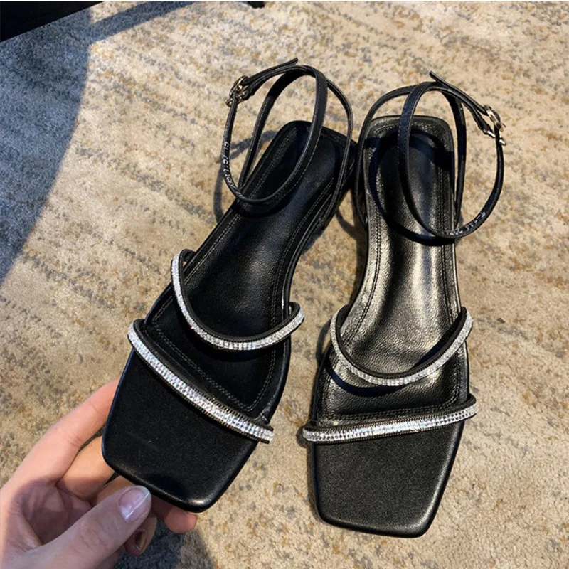 

Diamond sandals fairy style new French slim band with diamond in spring and summer 2021 black thick heel flat shoes