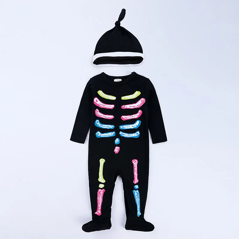 Toddler Halloween bone jumpsuit baby black romper boys girls 2PCS one piece and hat infant gift newborn long sleeve clothes | Детская