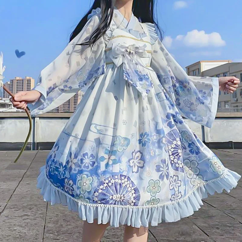 

Japanese lolita dress vintage falbala bowknot cute printing kawaii dress high waist sleeveless victorian dress gothic lolita jsk