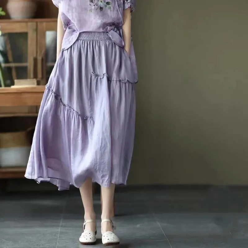 

2021 new double-layer design cotton and linen skirt casual elegant skirt solid color elastic waist irregular wooden ear skirt