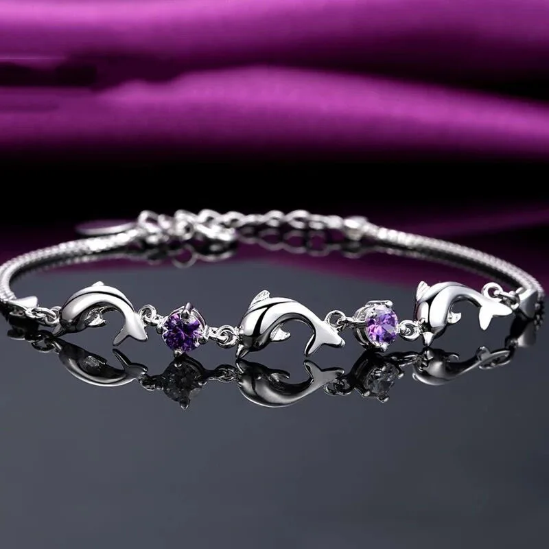 

DAIWUJAN Dolphin Amethyst Bracelets & Bangles for Women 925 Sterling Silver Purple Zircon Crystal Jewelry Party Brithday Gift