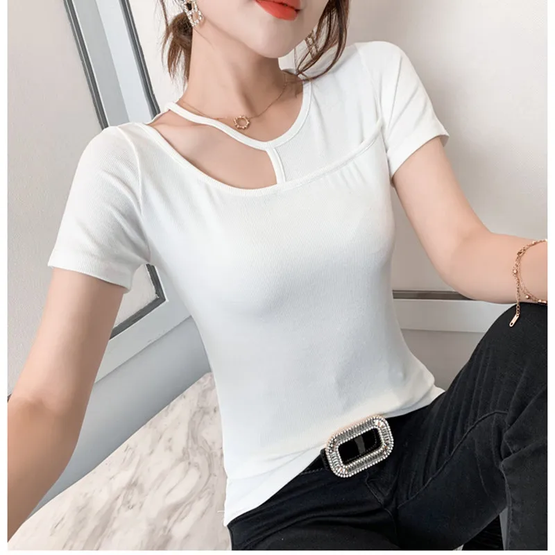 

Summer Korean Style Solid Cotton T-Shirt Sexy Hollow Out Irregularity Fashion Women Tops Short Sleeve All Match Tees