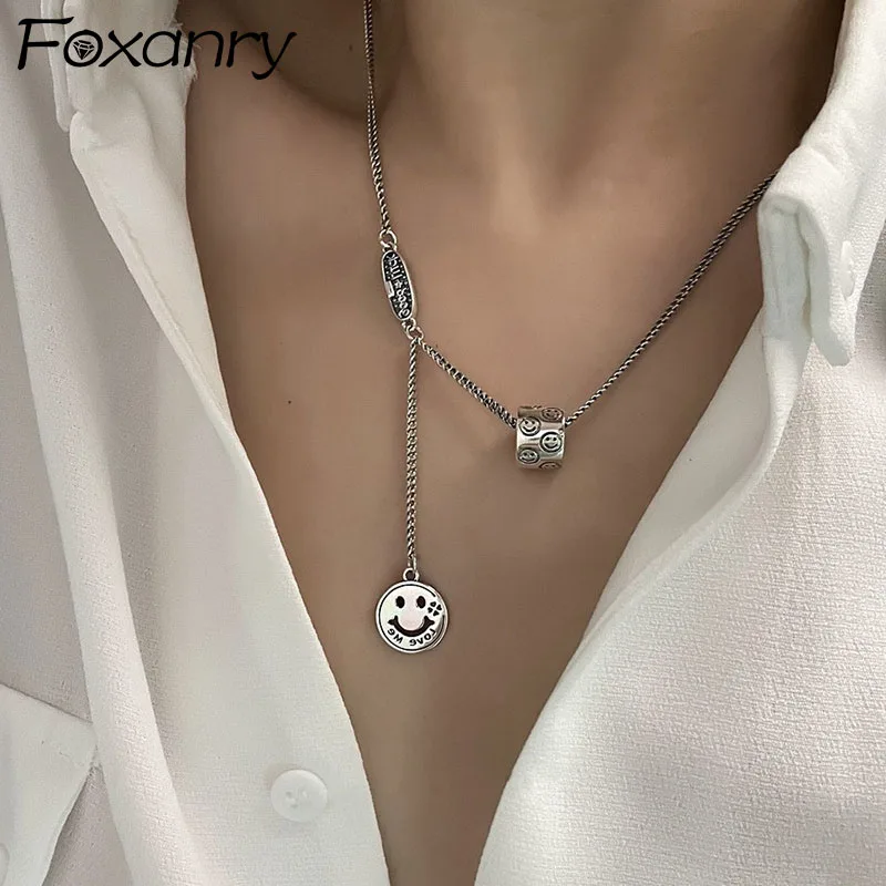 

Evimi 925 Standard Silver Sweater Necklace Fashion Hip Hop Vintage Simple Hollow Smiley Face Tassel Party Jewelry Lover Gifts