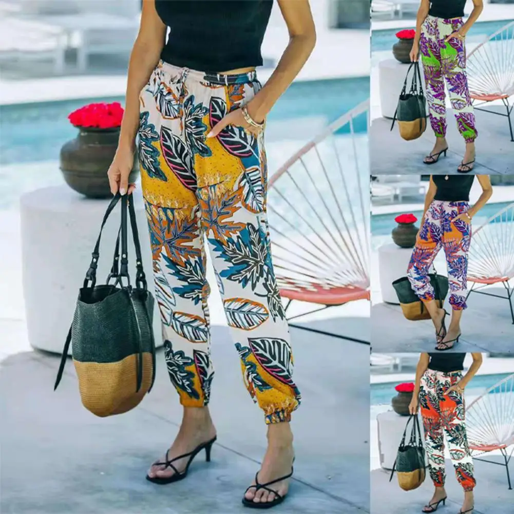 

Lady Popular Leaf Print Ankle Tied Pants Leggings Print Pants Printed for School