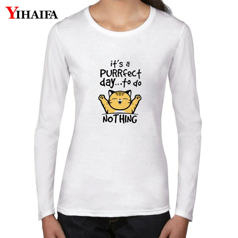 YIHAIFA Женские топы с длинными рукавами Милая футболка рисунком кота и надписью