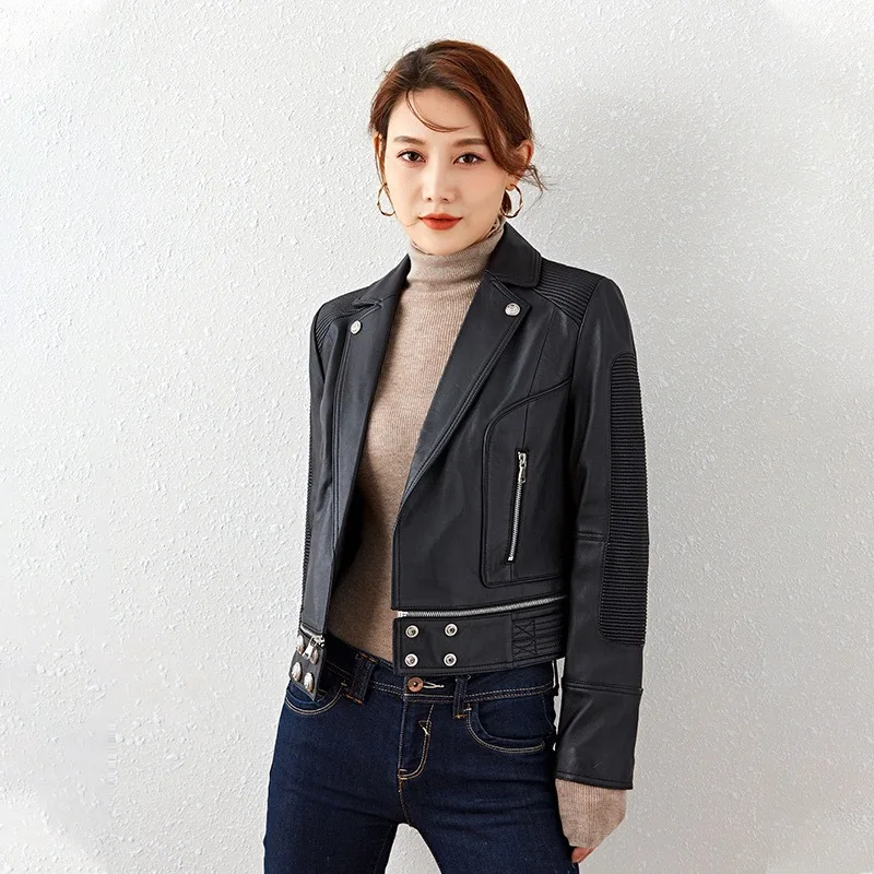 Abrigo de cuero de oveja auténtico para mujer, piel de oveja auténtica, chaqueta ajustada industrial pesada para motocicleta, ropa de moda