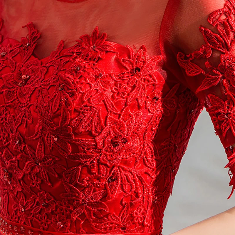 

Red Evening Dress Illusion Appliques Lace Beading Floor-length O-Neck Embroidery Floral Lady Elegant Formal Dresses TS064