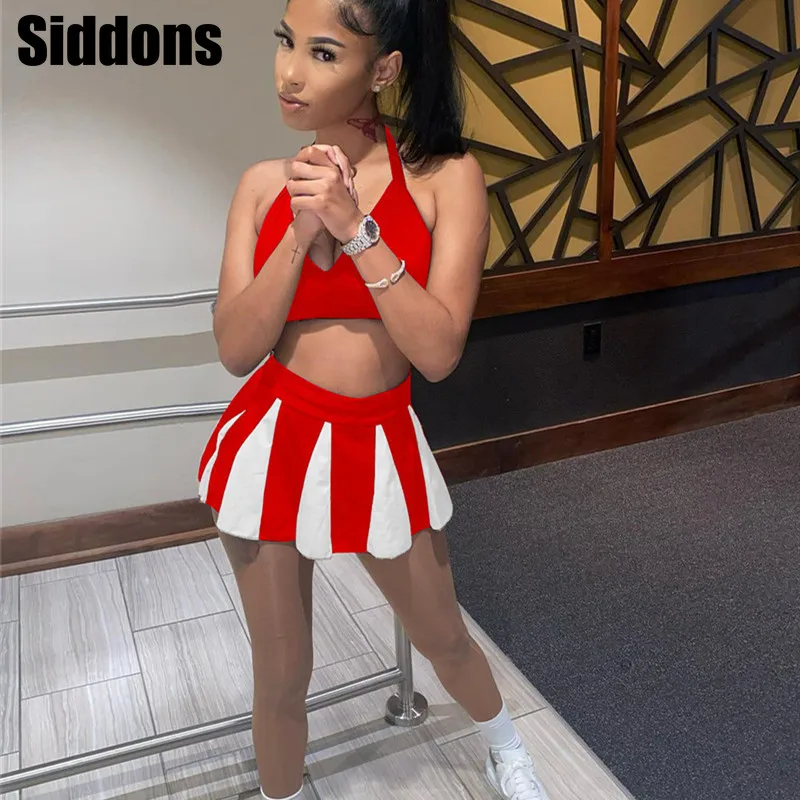 

Women Halter Bandage Two Piece Outfits Sleeveless Backless Crop Tops and Mini Skirt Matching Set