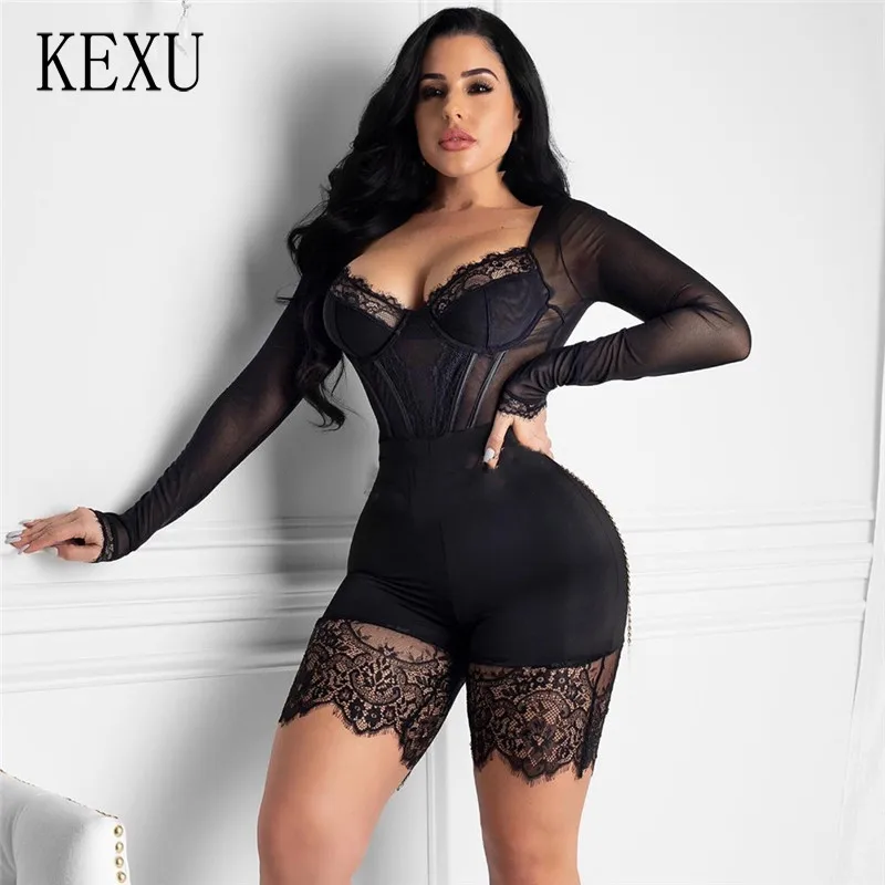 

KEXU Sheer Black Lace Patchwork Short Sexy Playsuit Long Sleeve Bandage Jumpsuits Elegant Tracksuit Women Bodycon Bodysuit