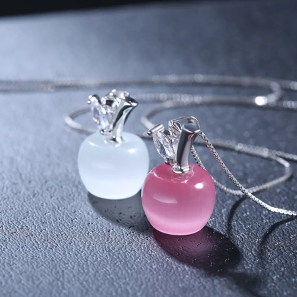 

New 925 Sterling Silver New Woman Fashion Jewelry High Quality christmas Pink Opal Apple Shape Pendant Necklace Length 45CM