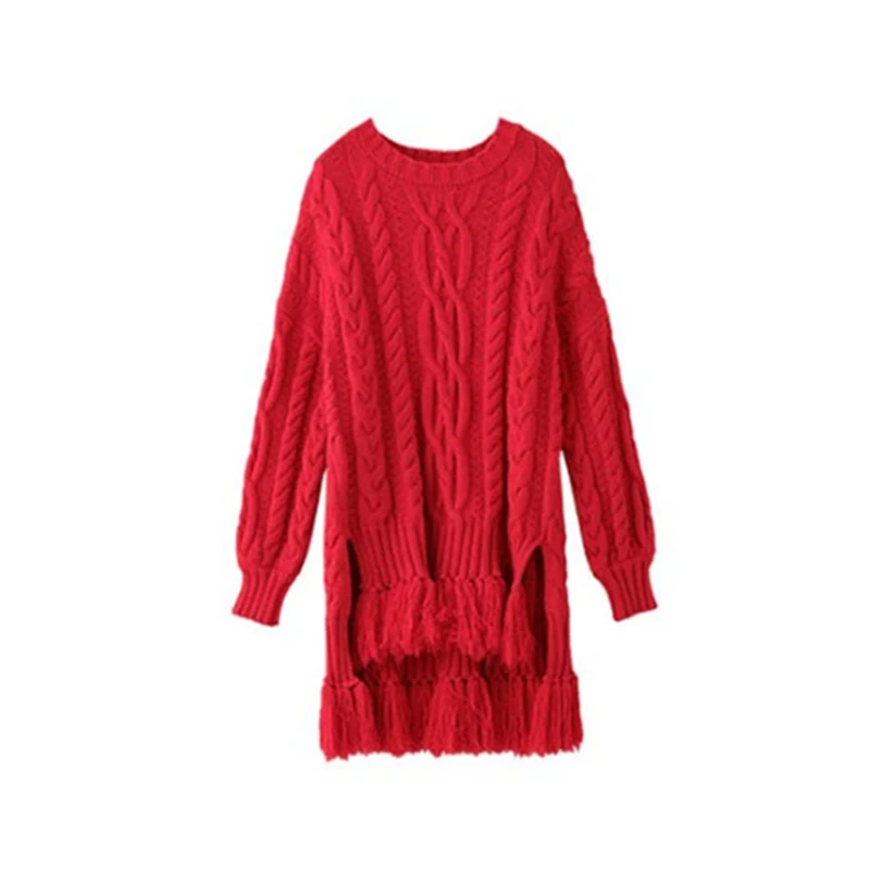 

Retro twist thick wool tassel sweater women autumn winter Korean version loose wear irregular medium length sweater