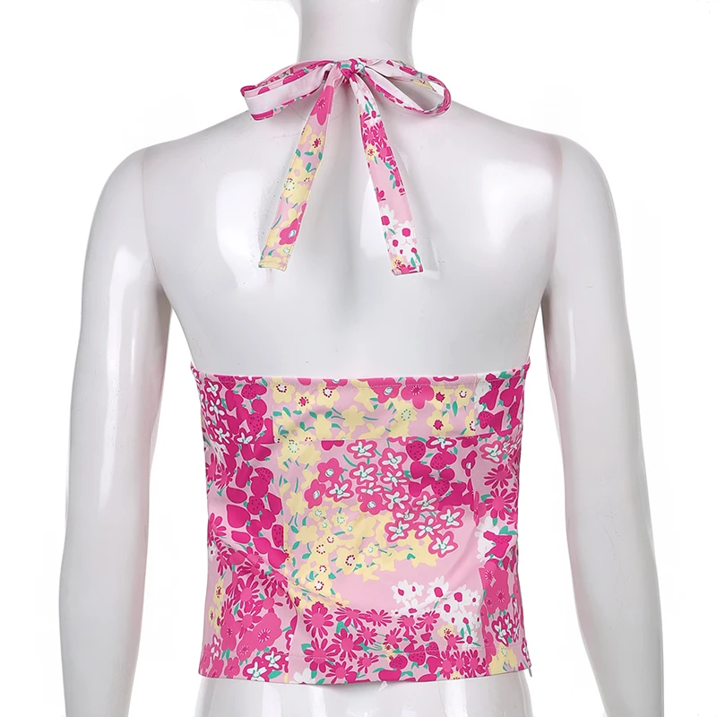 

HEYounGIRL Floral Print Y2K Backless Halter Top Women Summer Pink Sleeveless Tanks Camis Tops Tees Fashion Camisole Streetwear