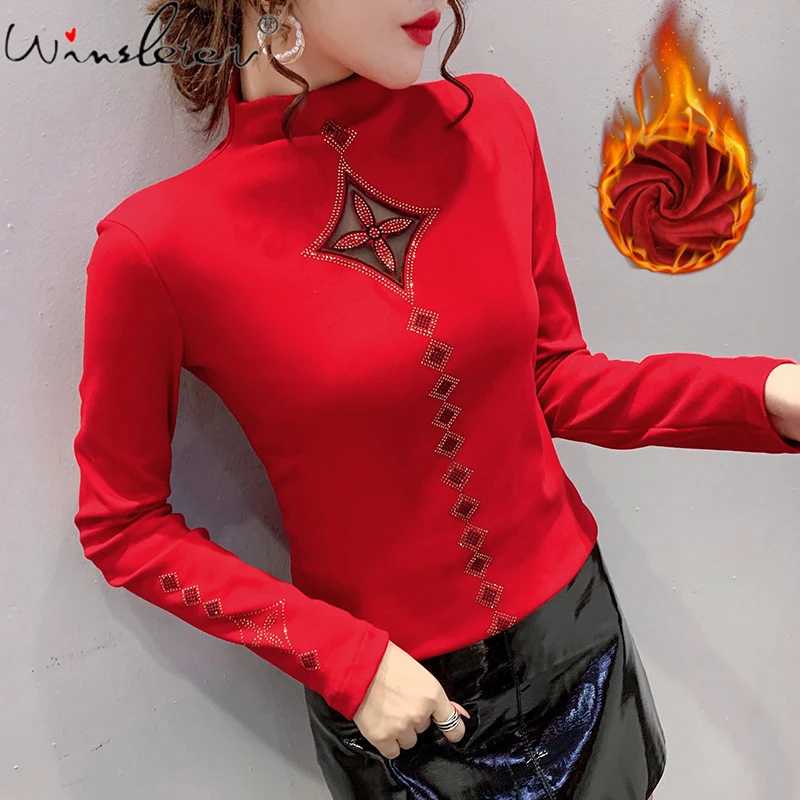 

MadBlack Fall Winter Korean Clothes Cotton Thick T-Shirt Chic Sexy Elegant Diamonds Women Tops Lady With Fleece New Tees T1N008A