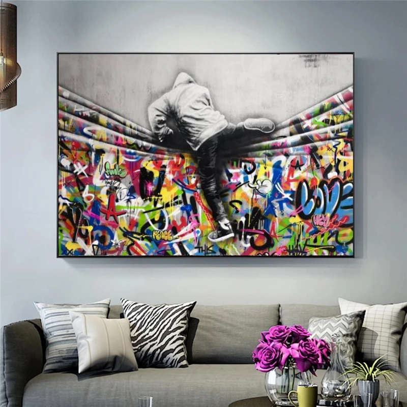 

Modern Pop Street Art Canvas Posters Boy Step Over The Wall Canvas Posters and Prints Graffiti Art for Modern Home Decor Picture