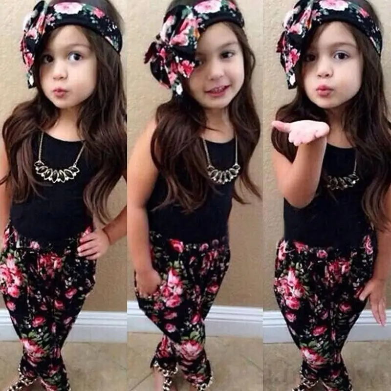 

3PCS Kids Outfit Sets Summer Sleeveless Baby Girl Vest +Floral Print Long Pant with Headband